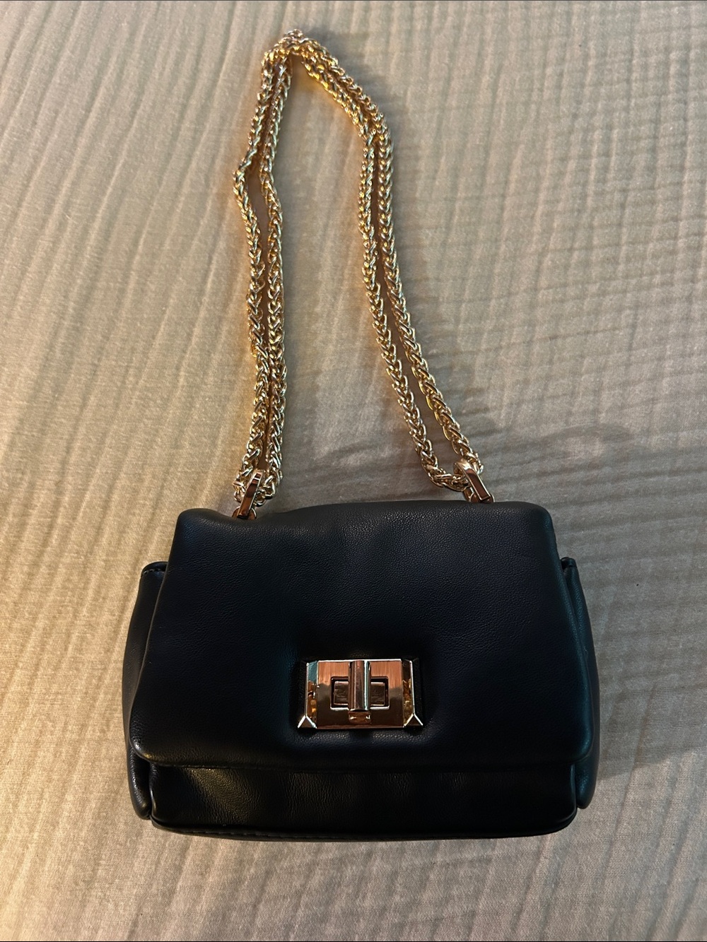 Windsor Black Leather Shoulder Bag with Gold Chain